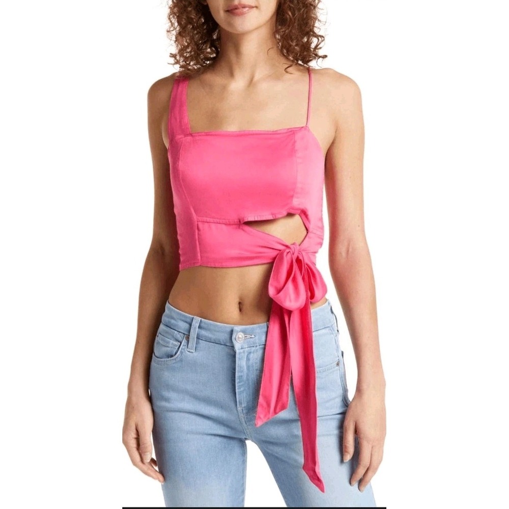 NWT FREE PEOPLE Mila Tie Front Festival Fuchsia Crop SLASH Top‎ Size SM Smocked